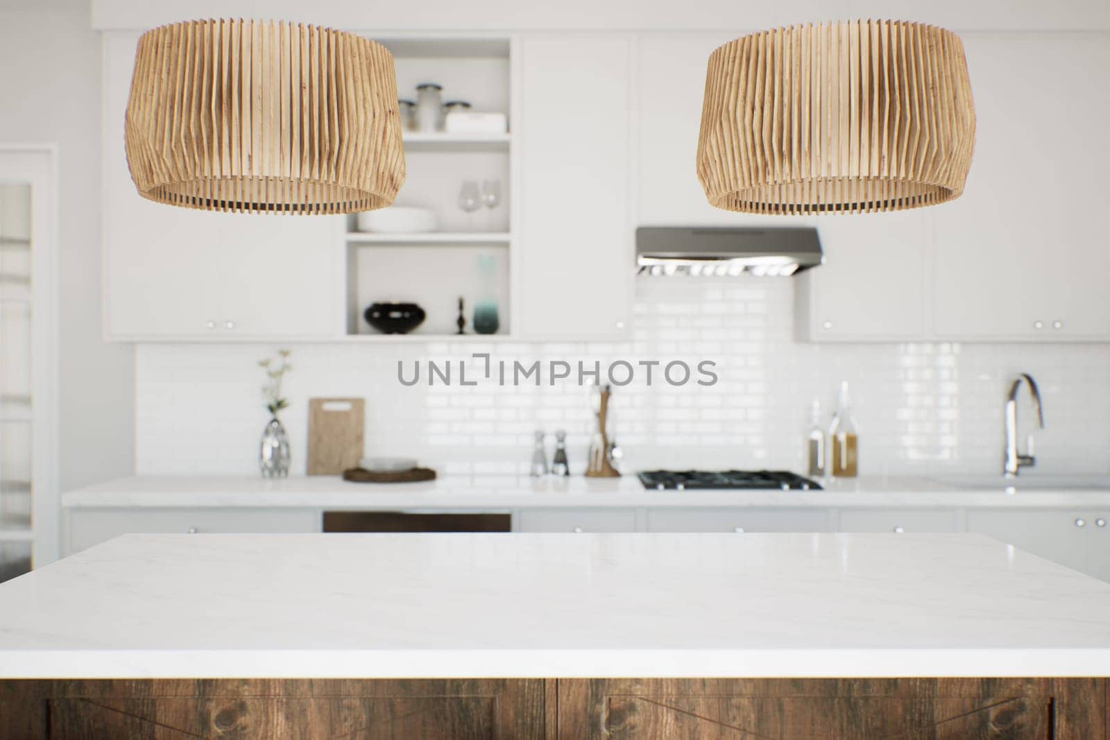 Focus on the marble countertop against the backdrop of kitchen appliances and utensils. by N_Design