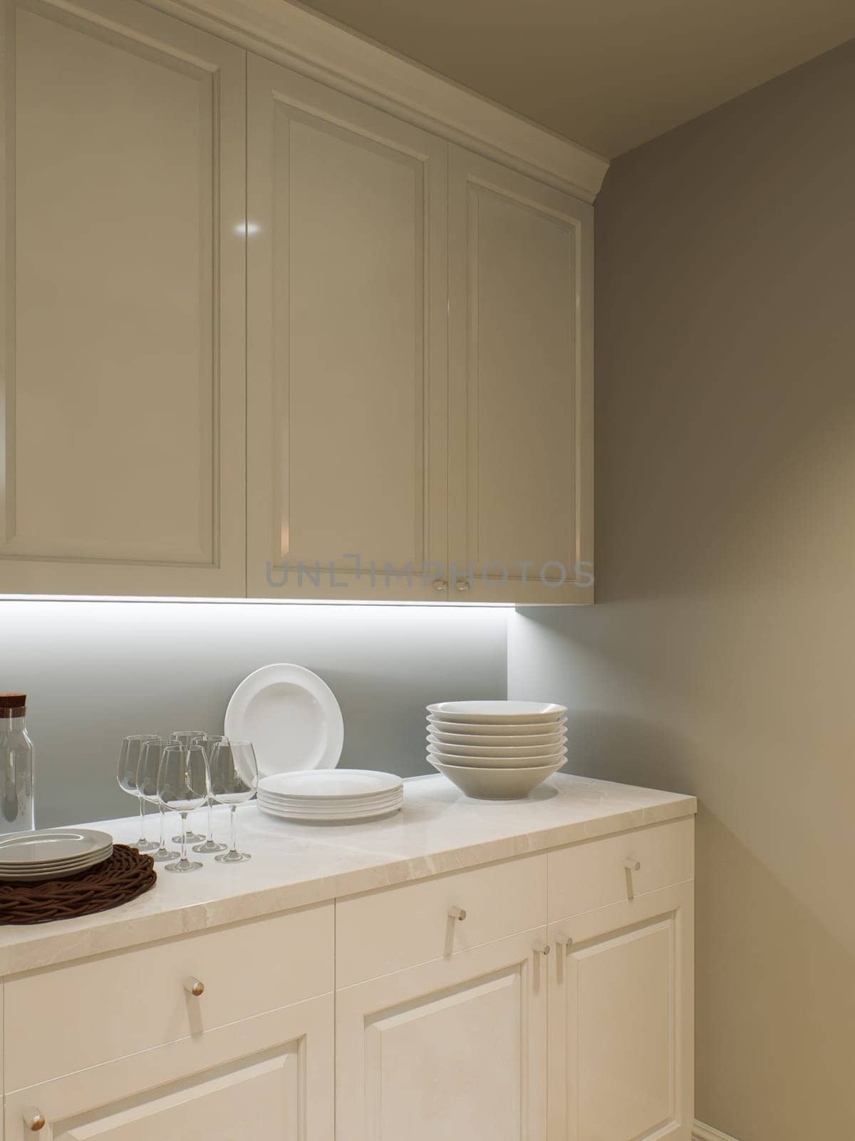 Kitchen pantry with white cabinets and utensils. Separate room in the kitchen. 3D rendering