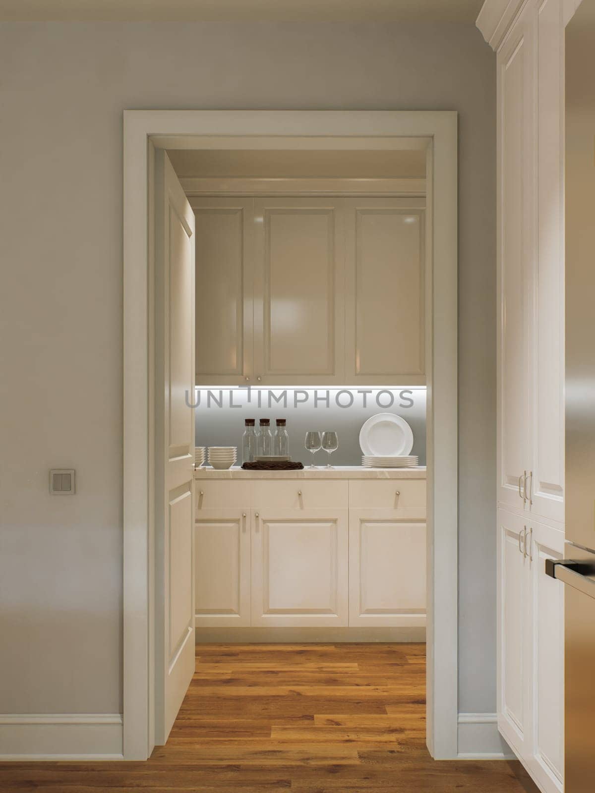 Kitchen pantry with white cabinets and utensils. Separate room in the kitchen. 3D rendering