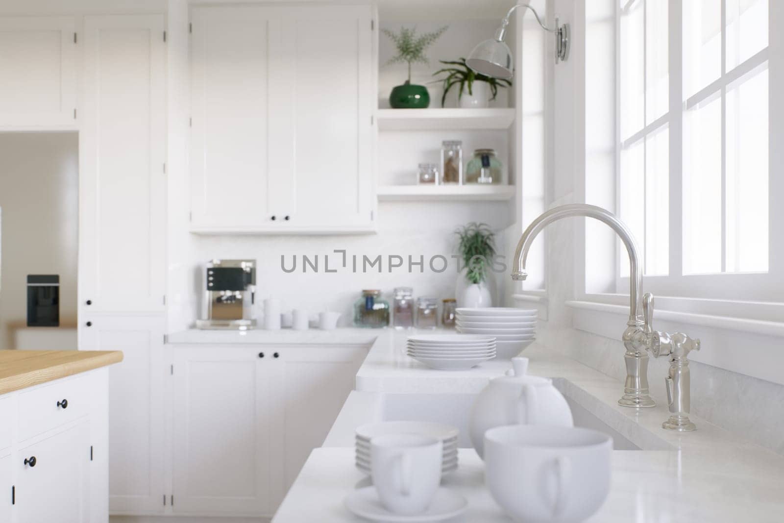 Kitchen sink by the window with dishes. Stylish, bright kitchen in traditional style. 3D rendering