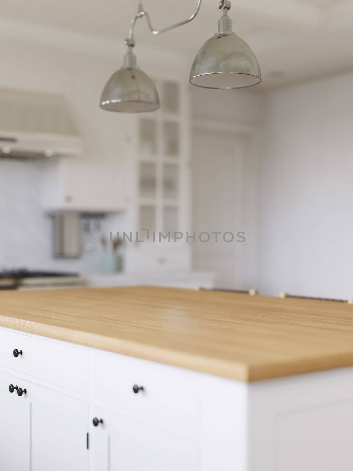 Wooden countertop, empty surface to place your goods, with a blurred kitchen background in the background. by N_Design