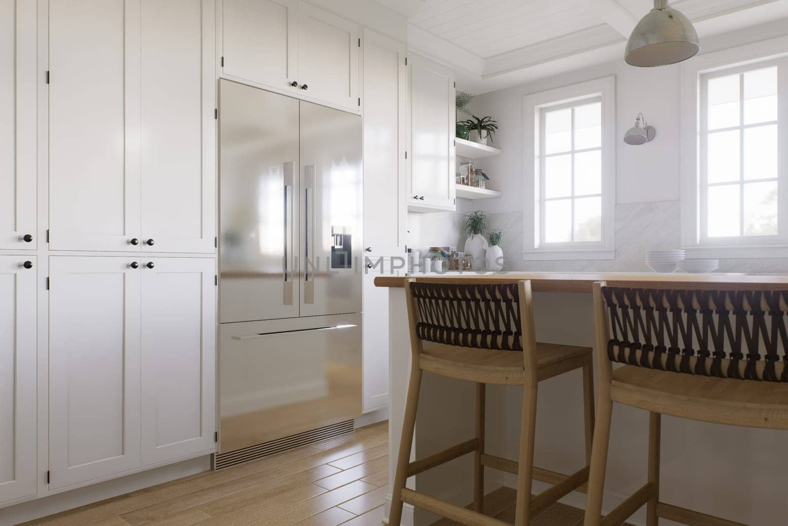 Large metal refrigerator in the kitchen. by N_Design