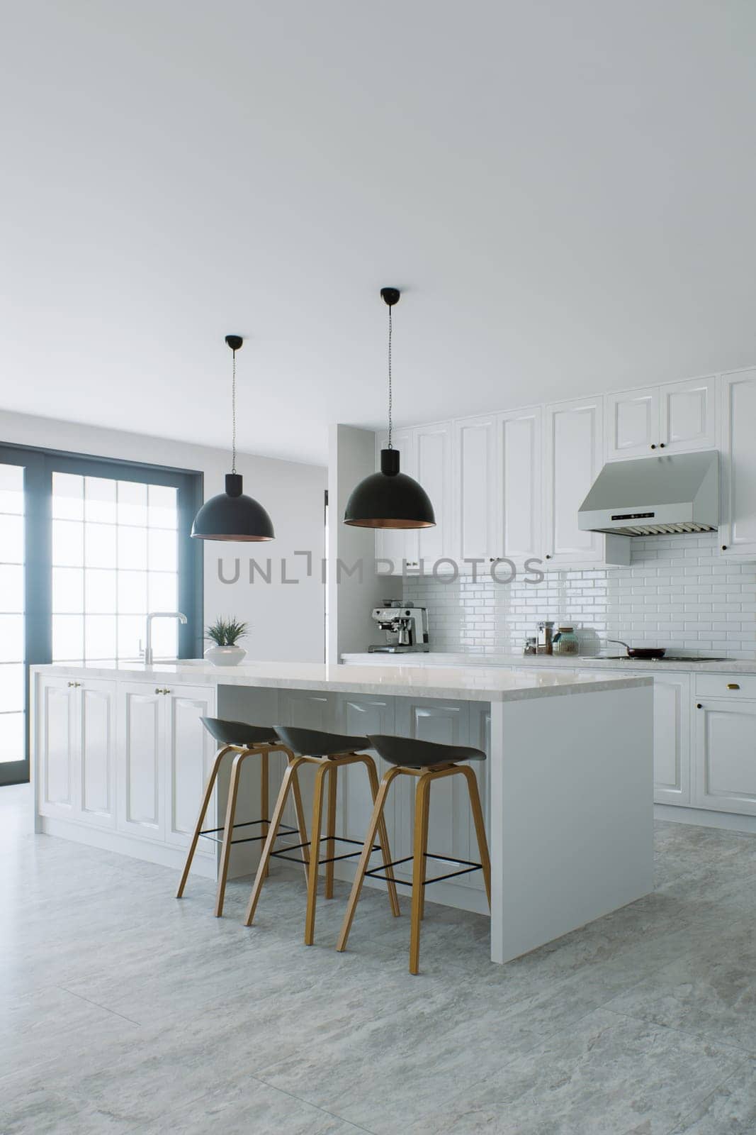 Stylish white kitchen with island, black chandelier, appliances and utensils. Kitchen with common area, kitchen appliances and white marble. 3D rendering