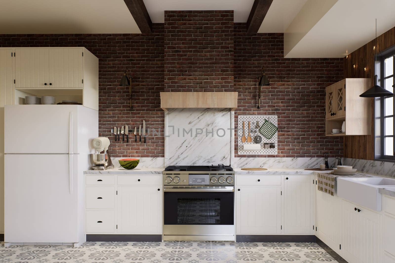 White kitchen with dark red brick, wood, and kitchen utensils. L-shaped kitchen with beams focusing on the stove with hood. 3d rendering