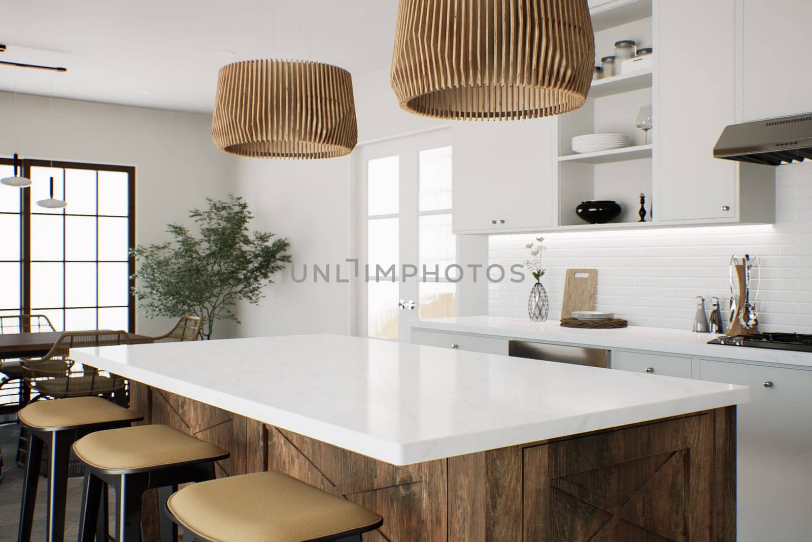 Focus on the marble countertop against the backdrop of kitchen appliances and utensils. Stylish traditional kitchen with wooden fixtures. 3D rendering