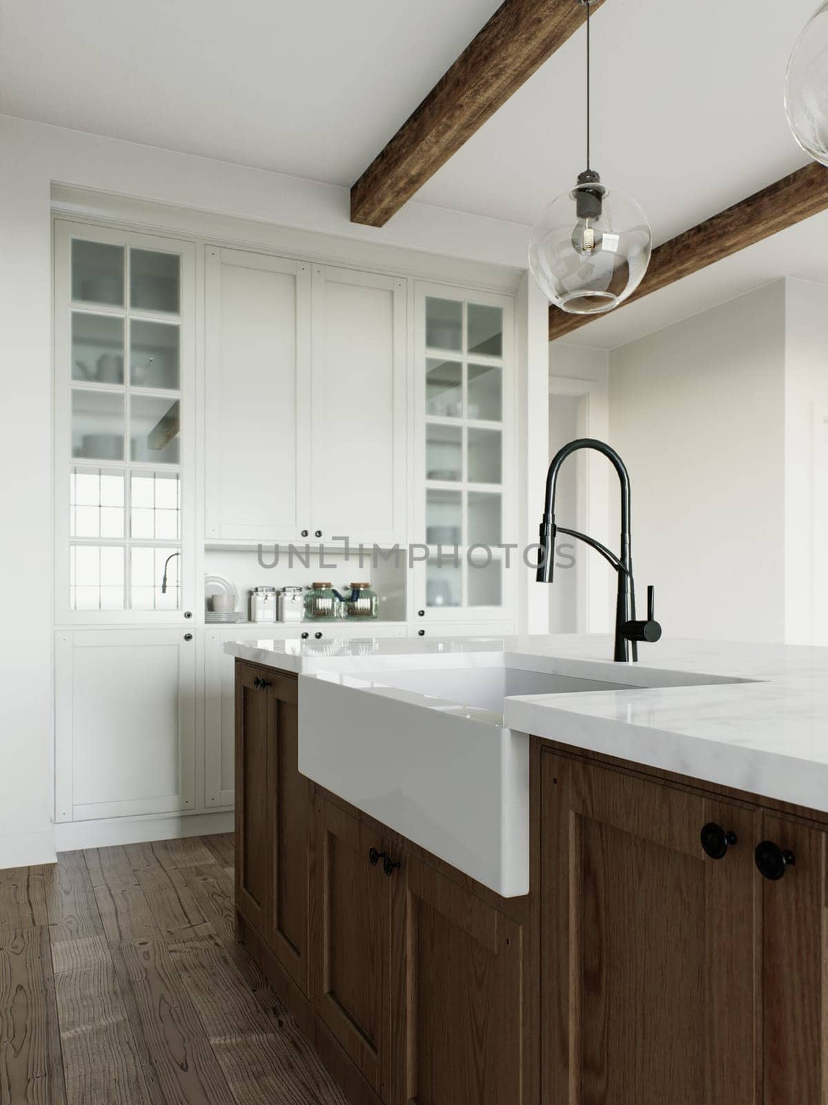 Kitchen interior accented by a kitchen sink on an island. 3D rendering by N_Design