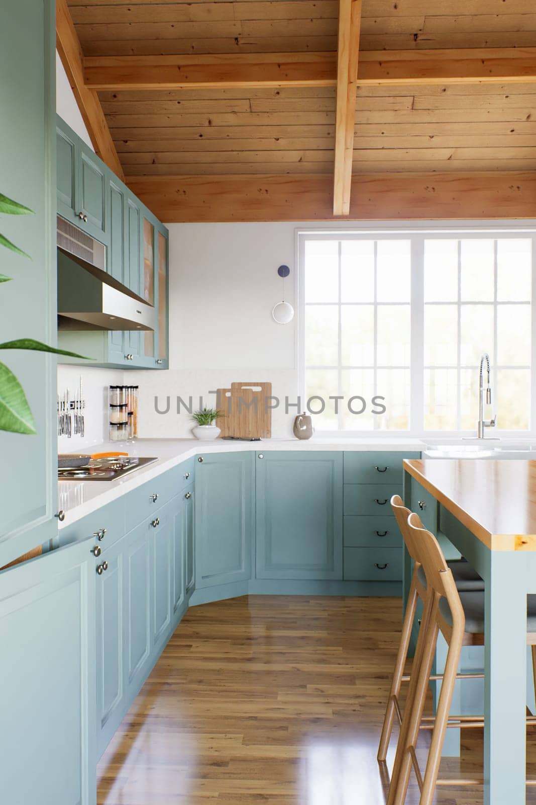 Large U-shaped green kitchen with island and wooden countertop. Kitchen interior with high ceiling and wood in the interior. 3d rendering.