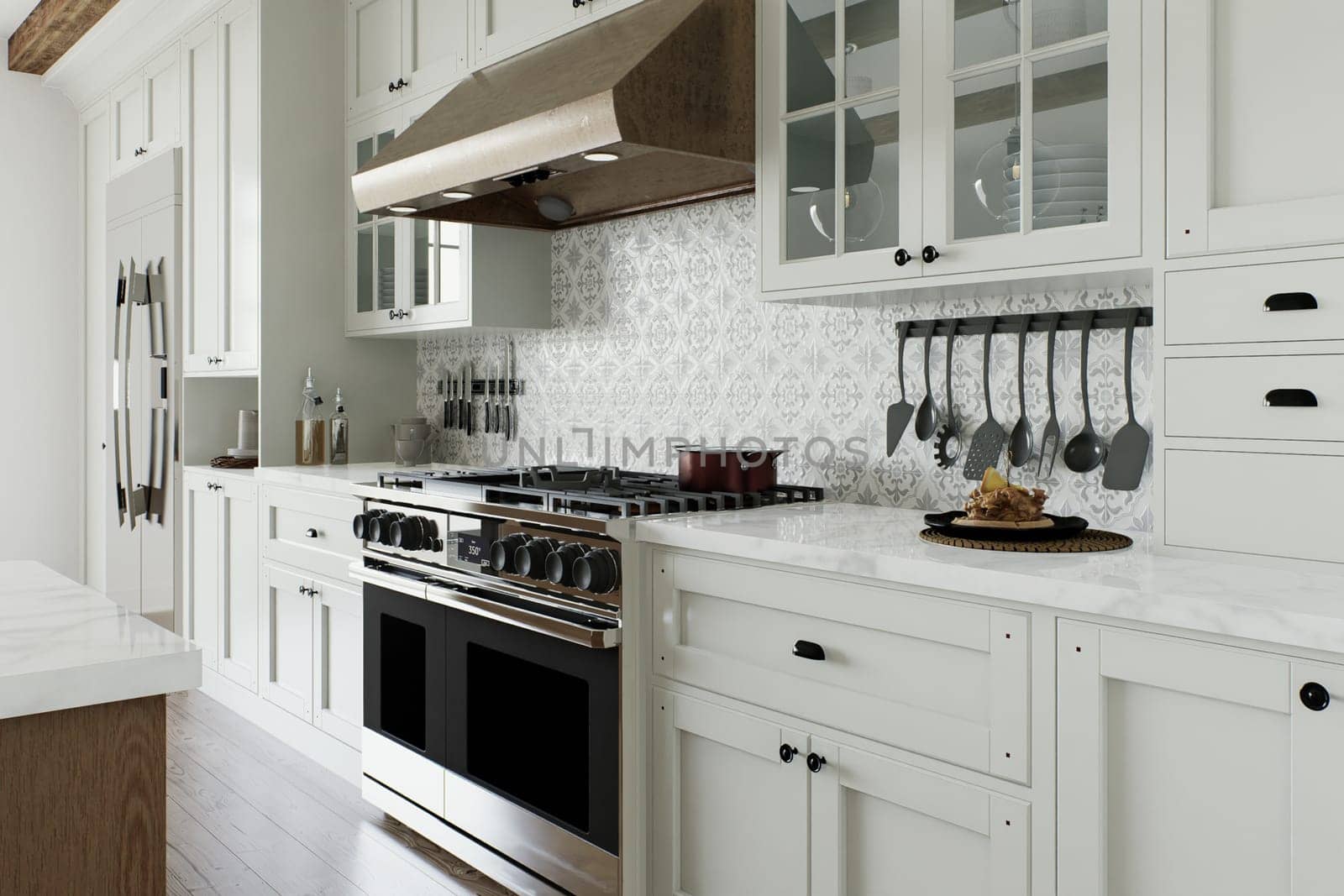 Kitchen interior with a view of a large stove with a kitchen hood. by N_Design