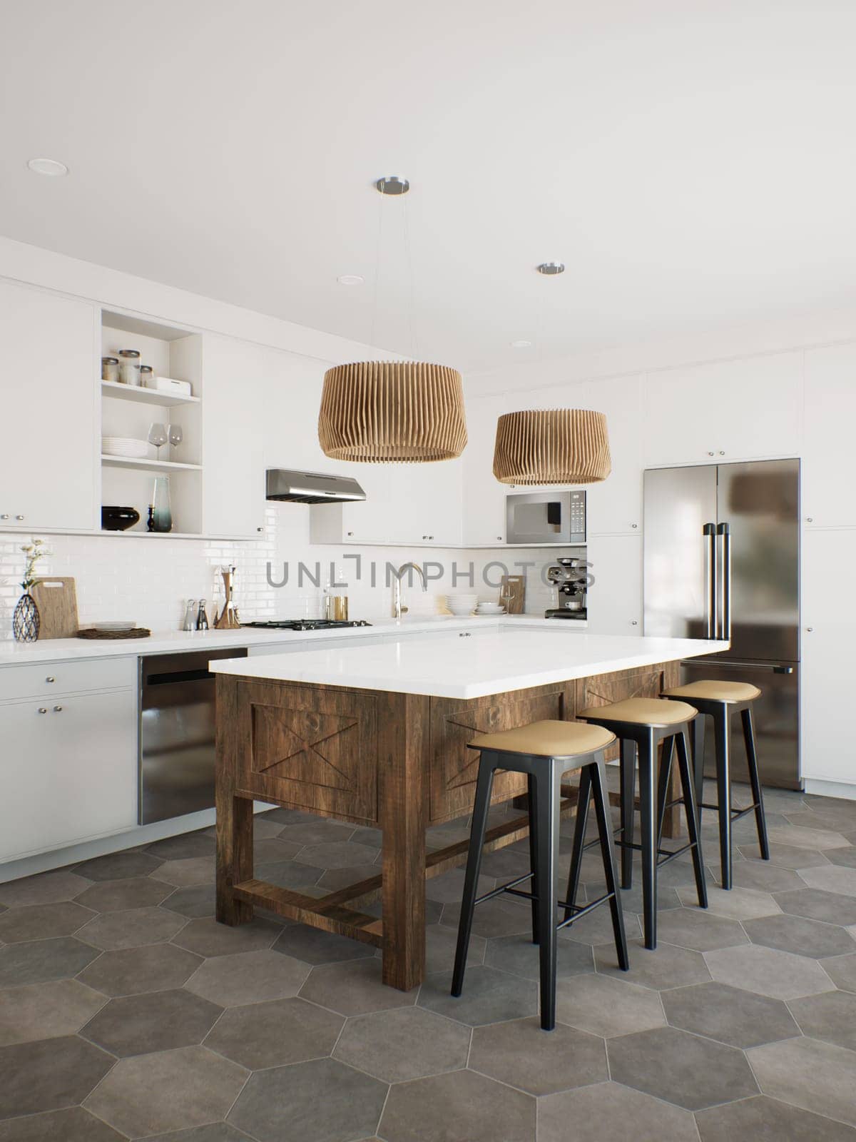 White kitchen with wood island and patterned wood fixtures with kitchen appliances and utensils. Stylish kitchen in traditional style. 3D rendering