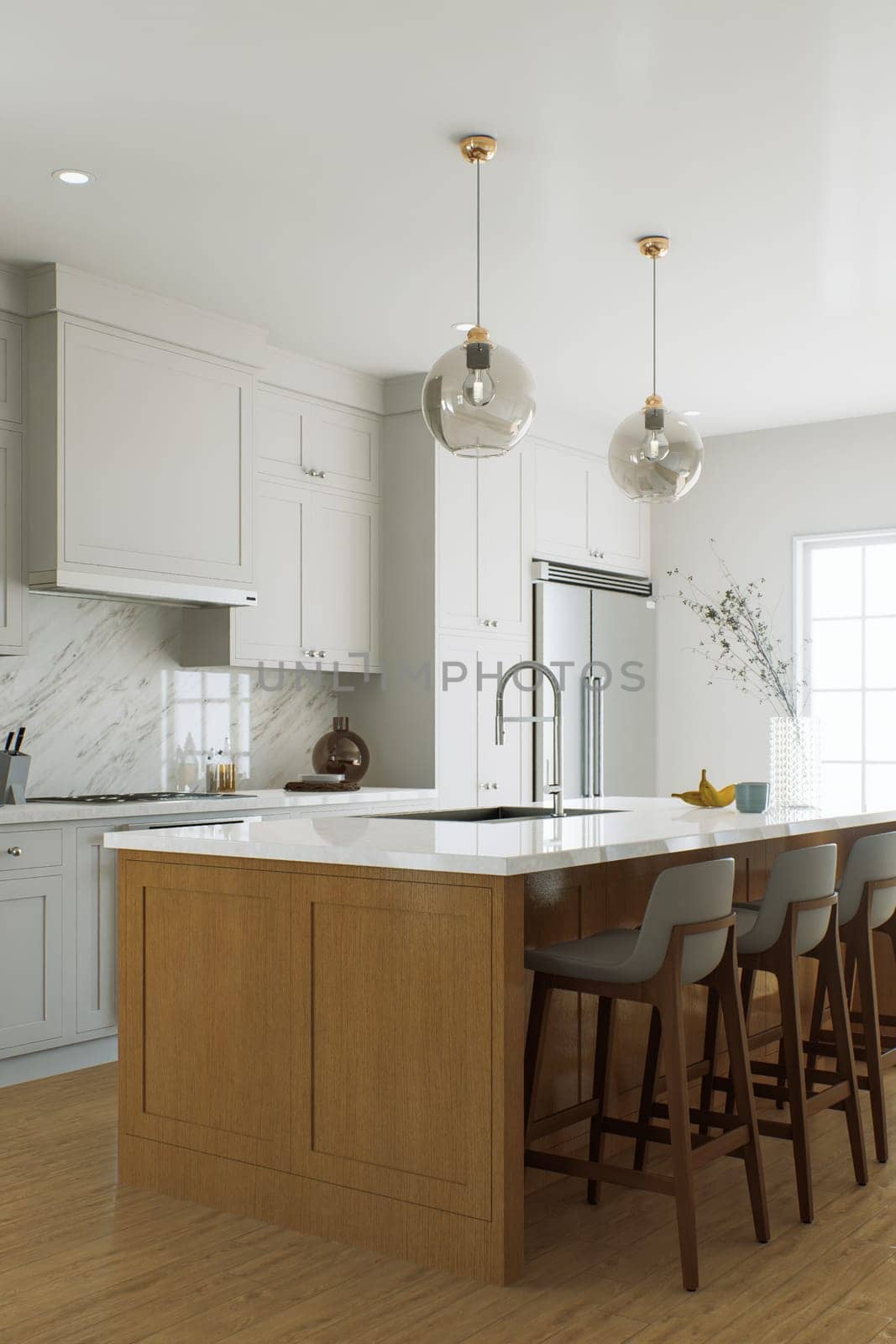 Traditional American kitchen with wooden island and kitchen appliances. Interior of a bright kitchen with a large window. 3d rendering