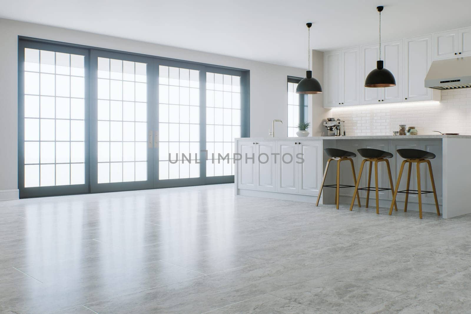 Semi-empty white kitchen interior with a large window and an accent on the marble floor. Kitchen with island and large black window. 3D rendering.