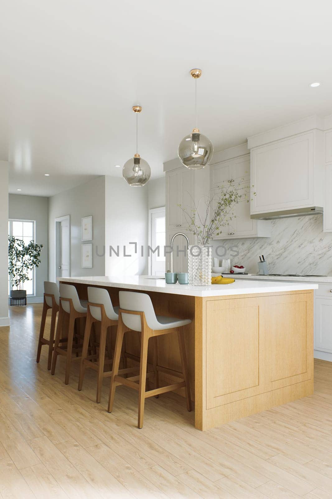 Traditional American kitchen with wooden island and kitchen appliances. by N_Design