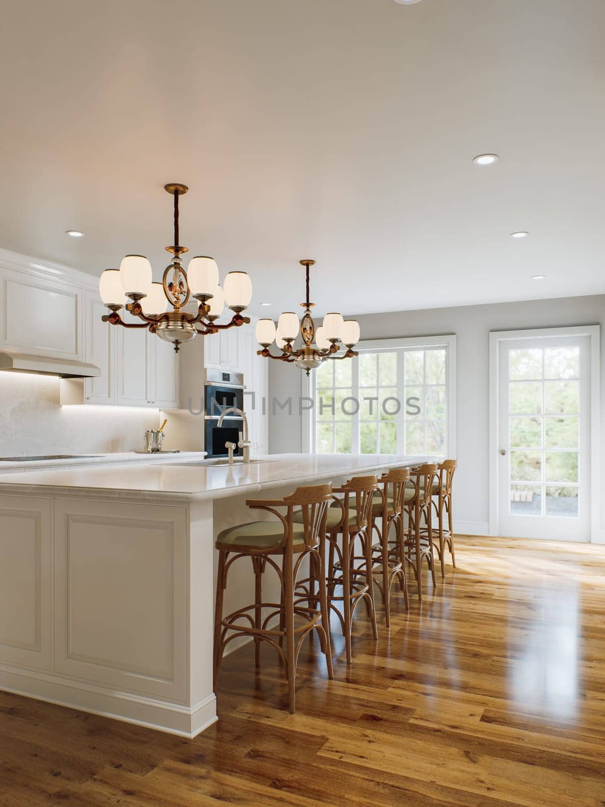 Traditional white kitchen with long island and wooden chairs with varnished wood flooring. by N_Design