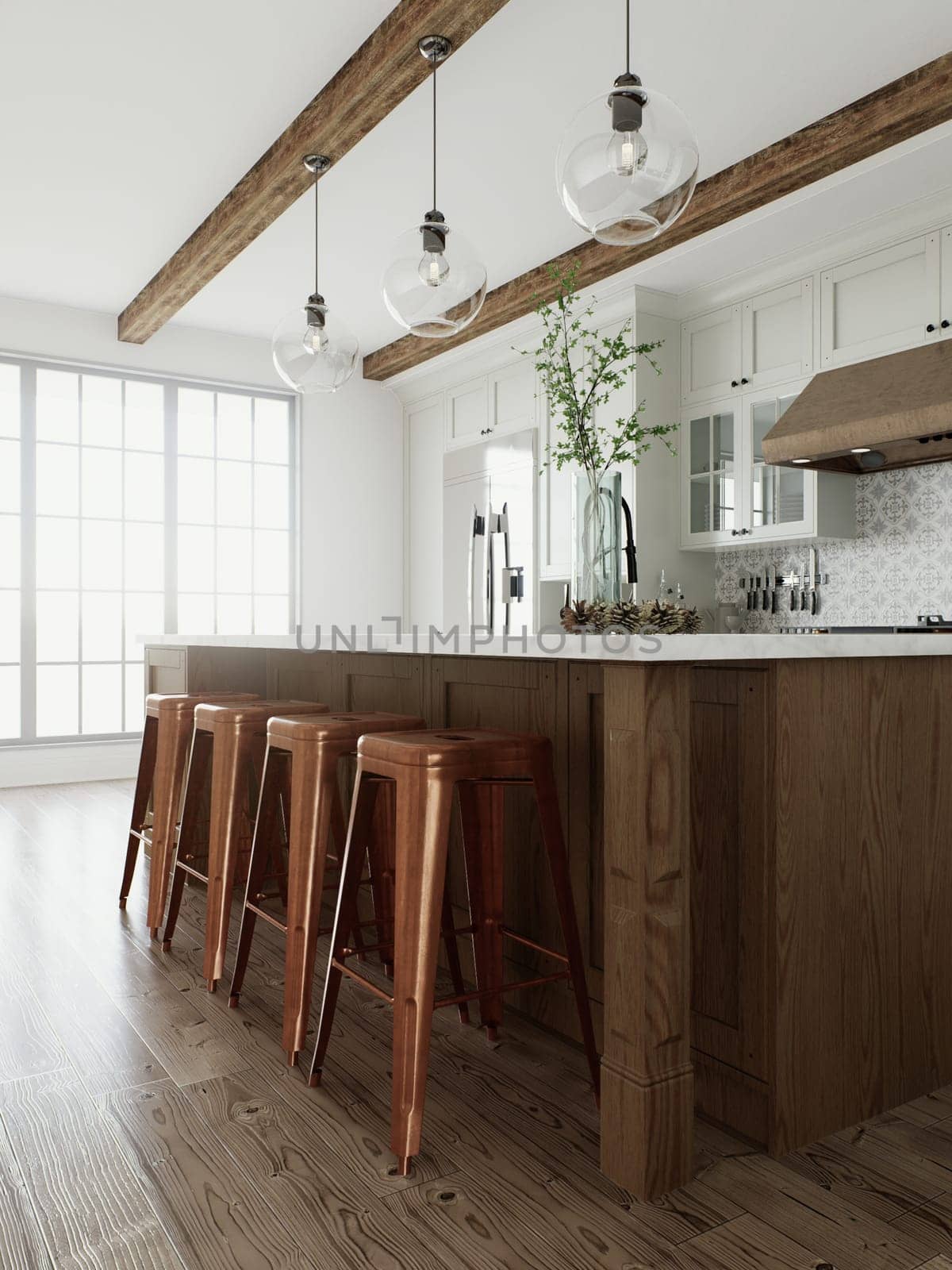 Traditional large L-shaped kitchen with large island and kitchen appliances. by N_Design