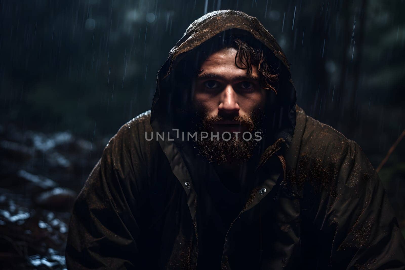 Caucasian man with beard lost in forest at rainy night. Neural network generated image. Not based on any actual person or scene.