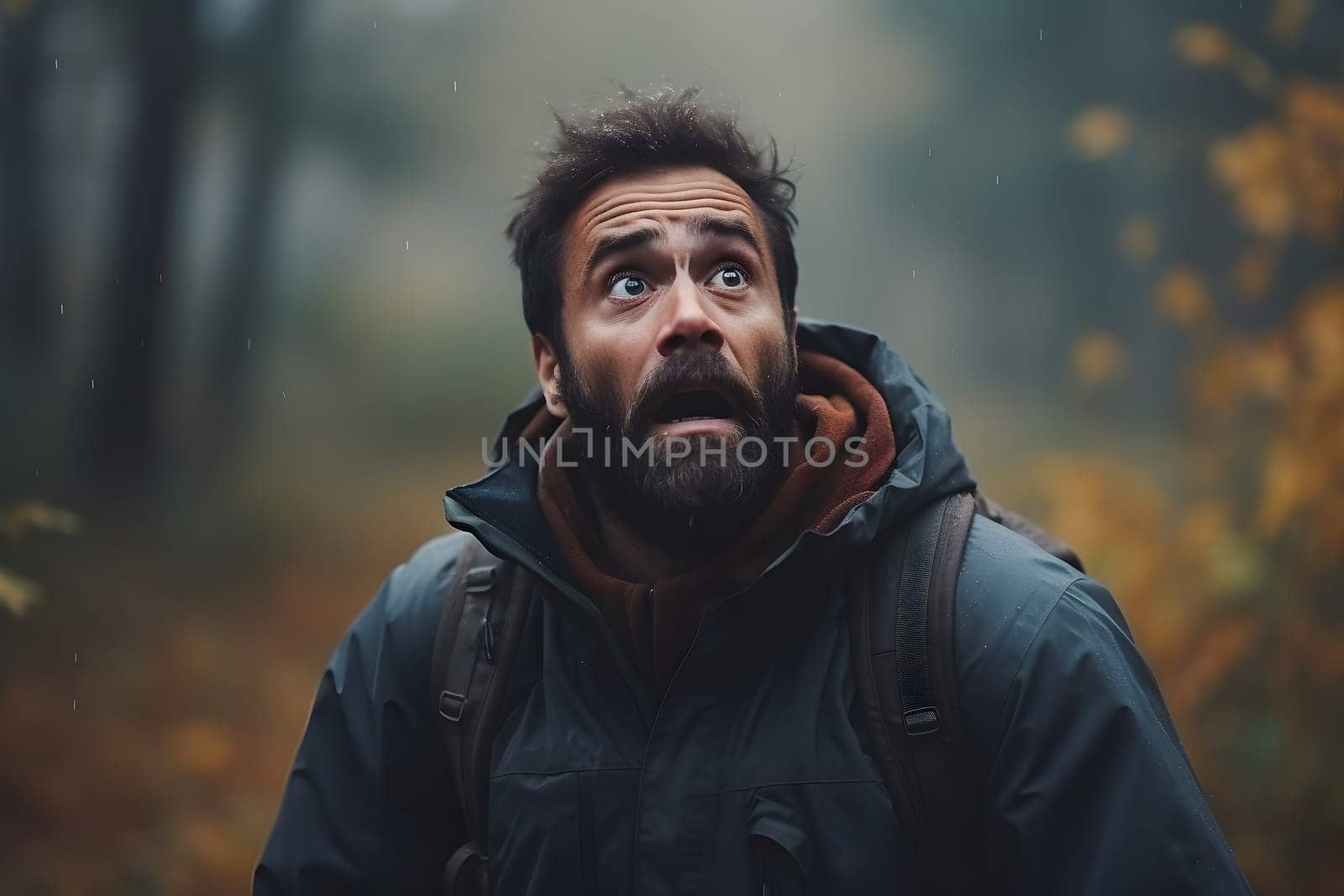 scared Caucasian young adult man lost in forest at autumn day. Neural network generated image. Not based on any actual person or scene.