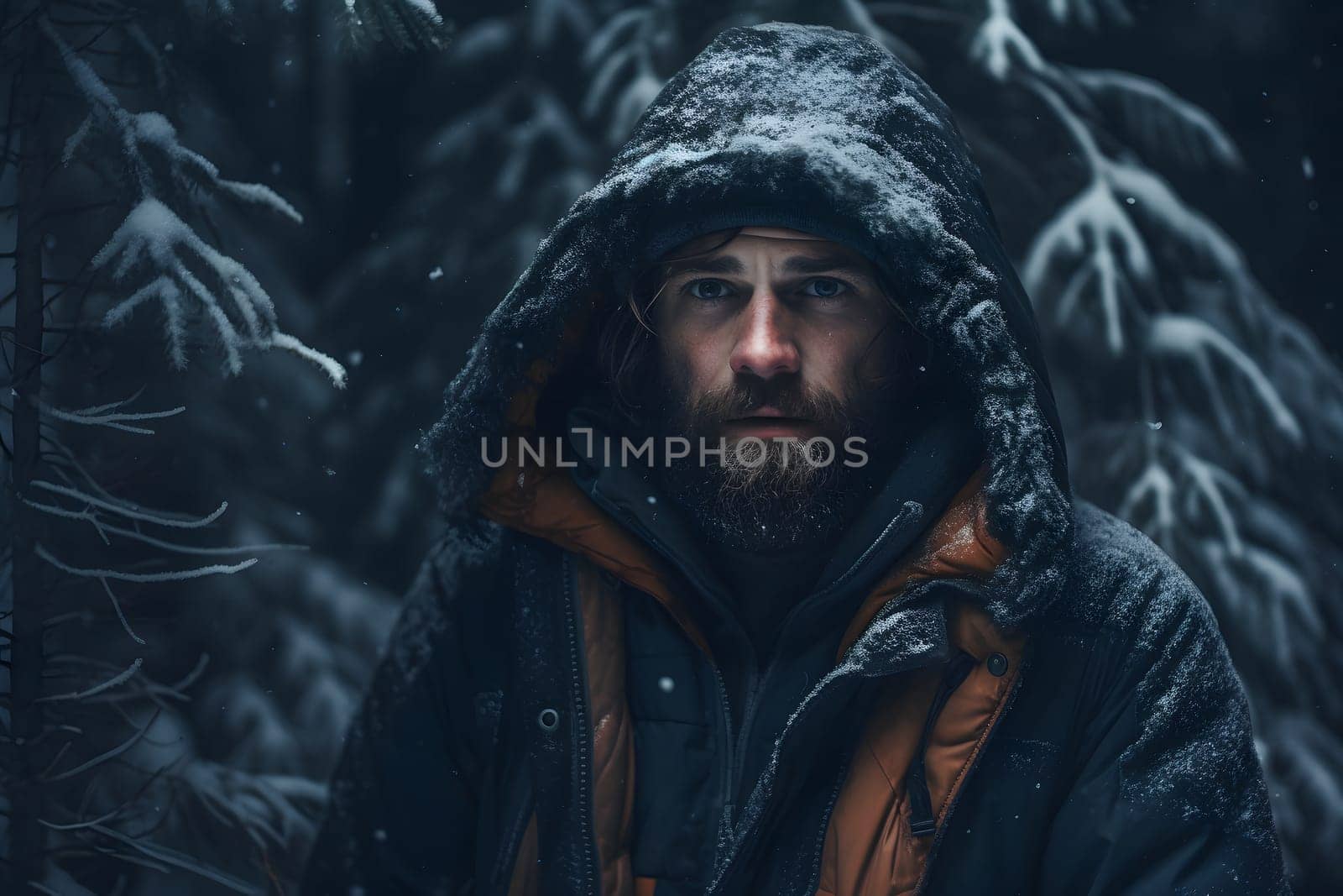 Young adult Caucasian man in winter forest at evening. Neural network generated image. Not based on any actual person or scene.