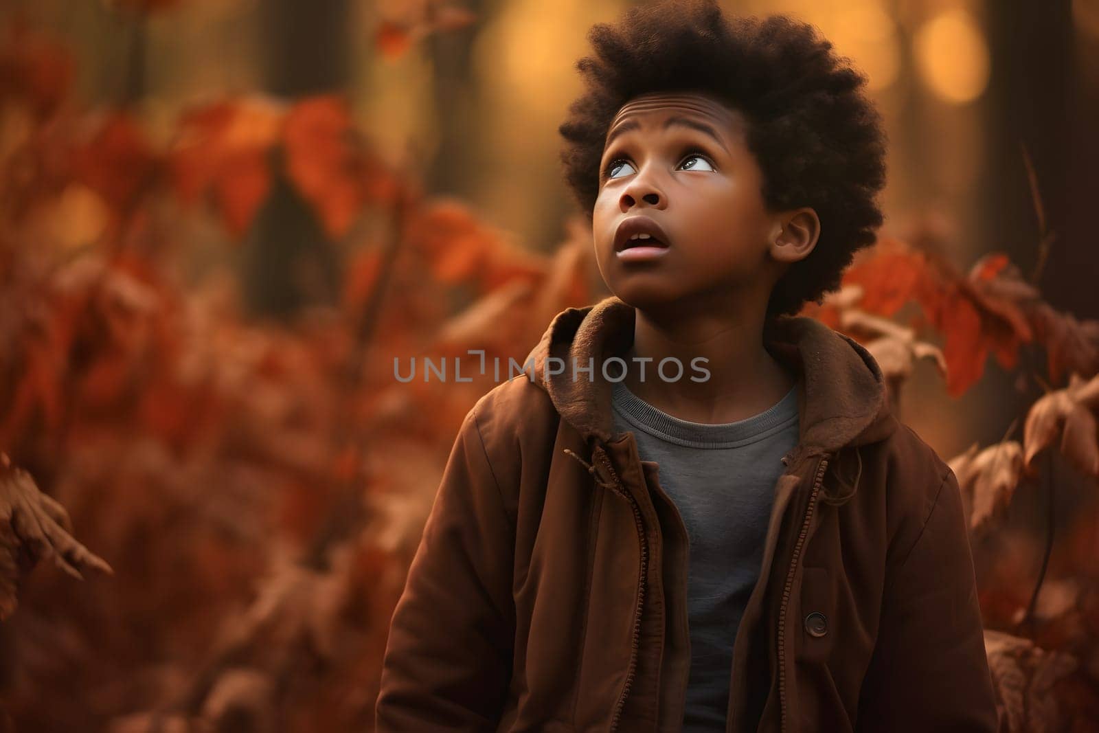 African American boy lost in forest at autumn evening, neural network generated photorealistic image by z1b