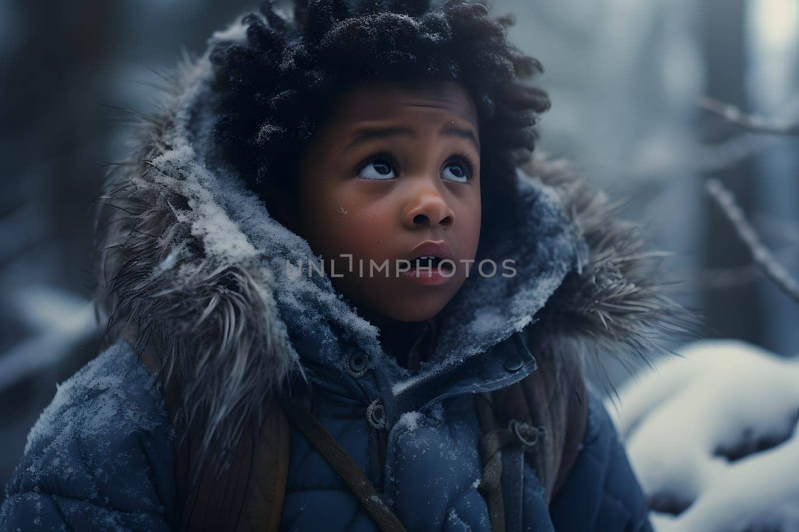 African American boy lost in forest at winter evening, neural network generated photorealistic image by z1b