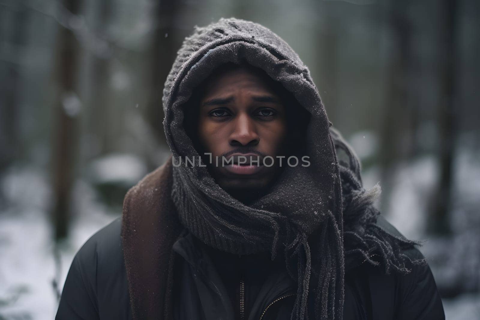 African American man lost in forest at winter evening. Neural network generated image. Not based on any actual person or scene.