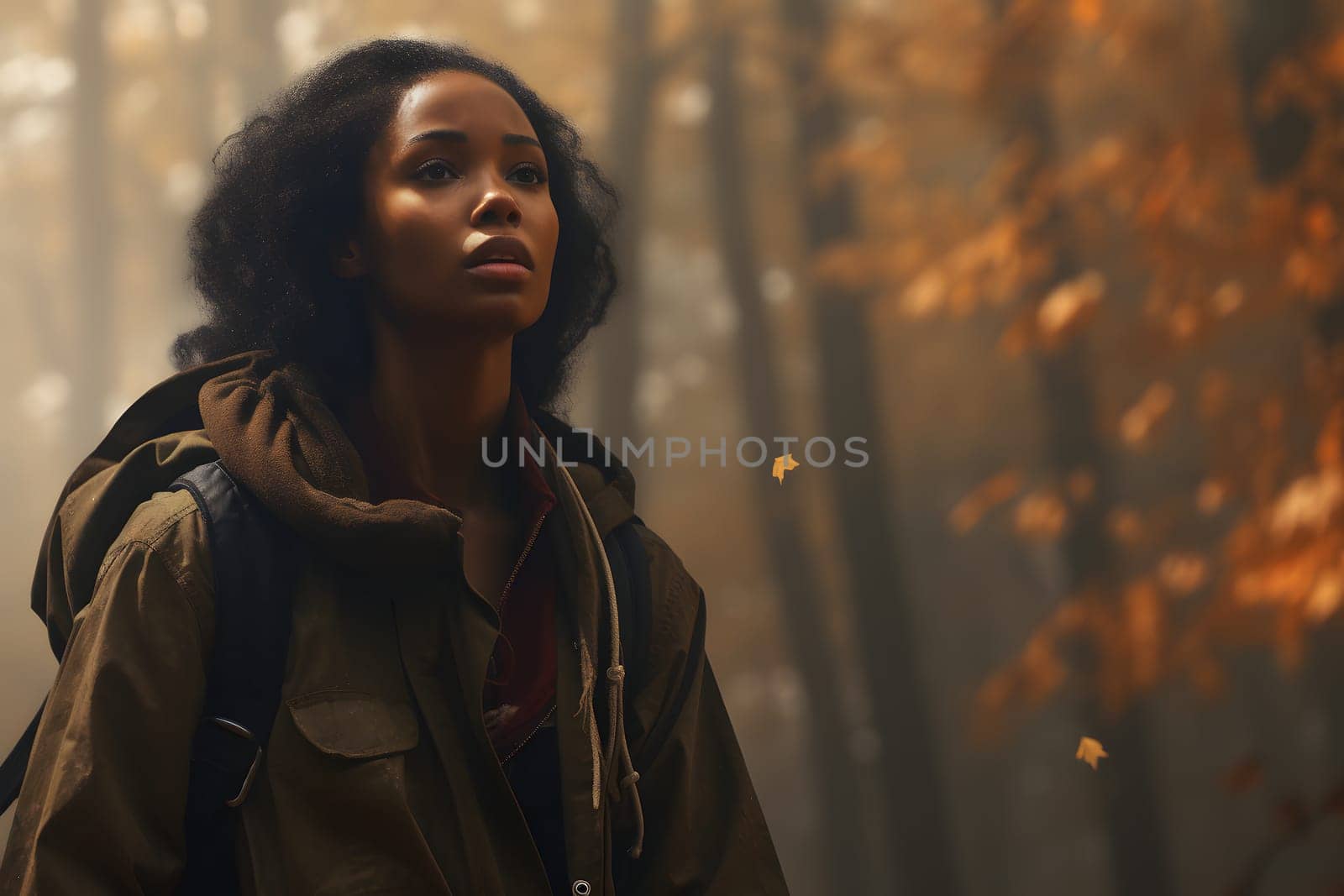 African American woman lost in forest at autumn day, neural network generated photorealistic image by z1b