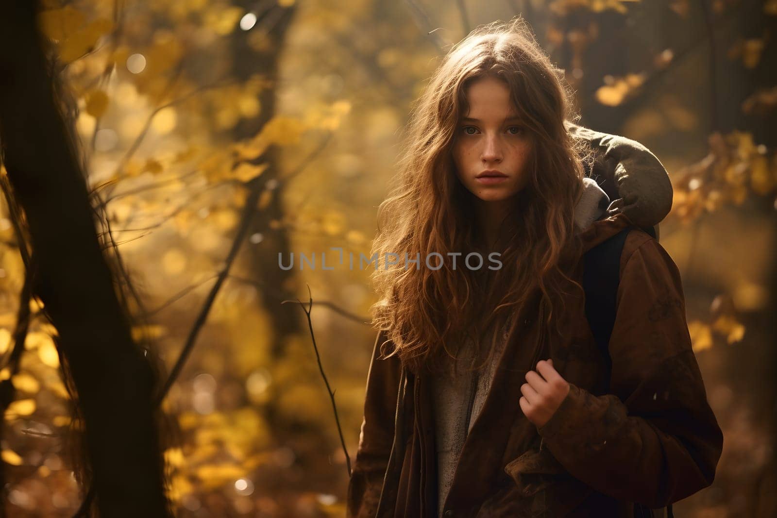 Long haired Caucasian girl lost in autumn forest at day. Neural network generated image. Not based on any actual person or scene.