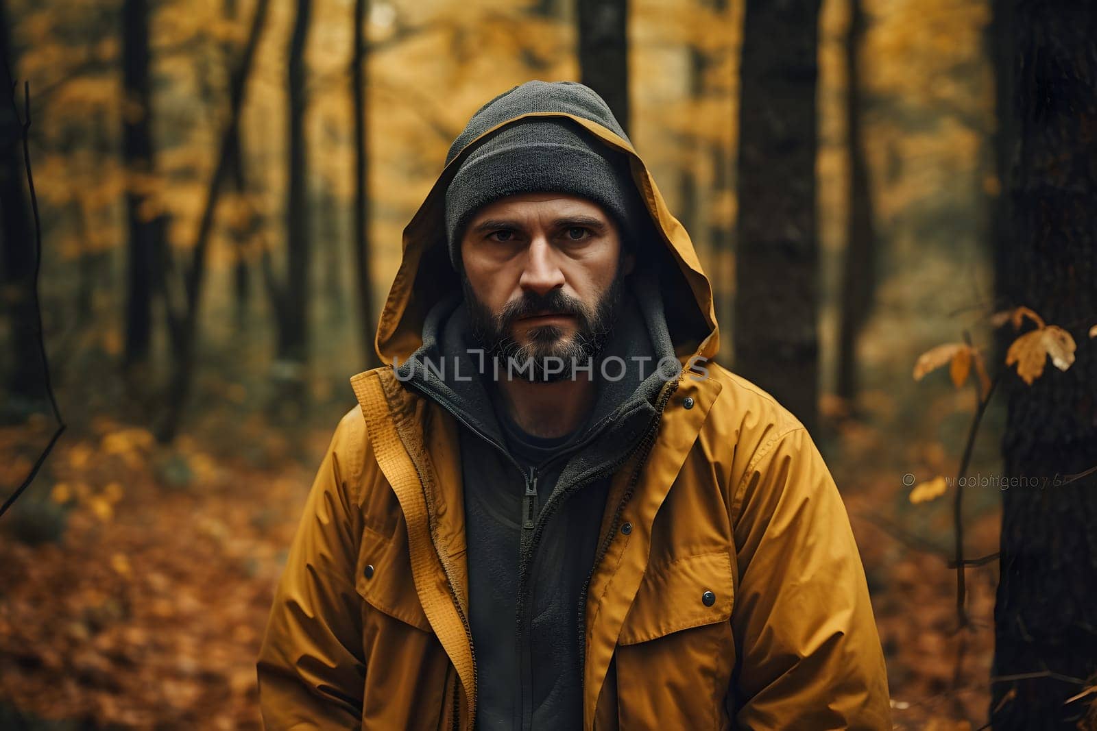 Caucasian man in forest at autumn day. Neural network generated image. Not based on any actual person or scene.