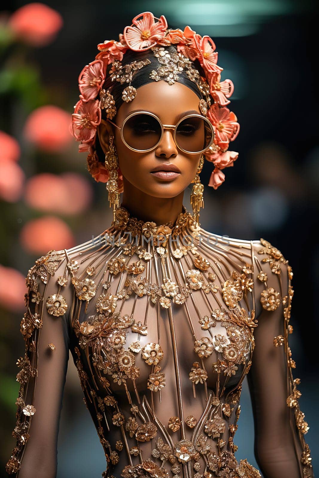 Fashionable African American woman wearing sunglasses and a transparent dress embroidered with gold at a fashion show. High quality photo