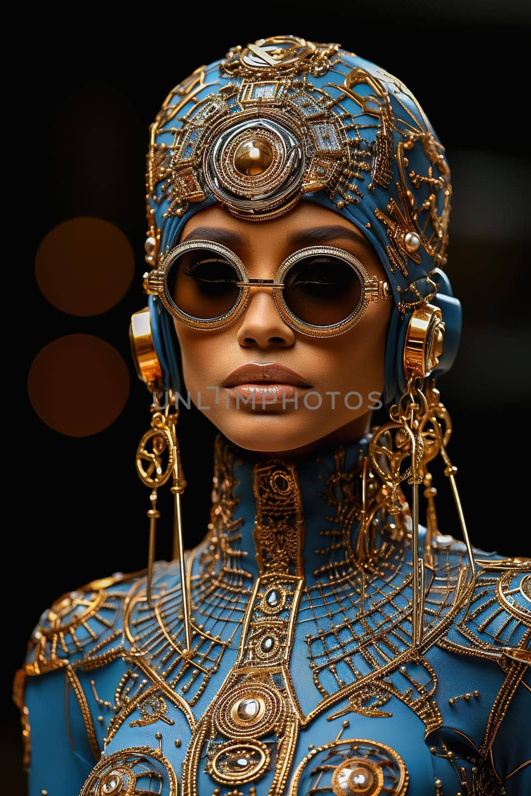 Fashionable African American woman wearing sunglasses and gold mask with jewelry at a fashion show. High quality photo