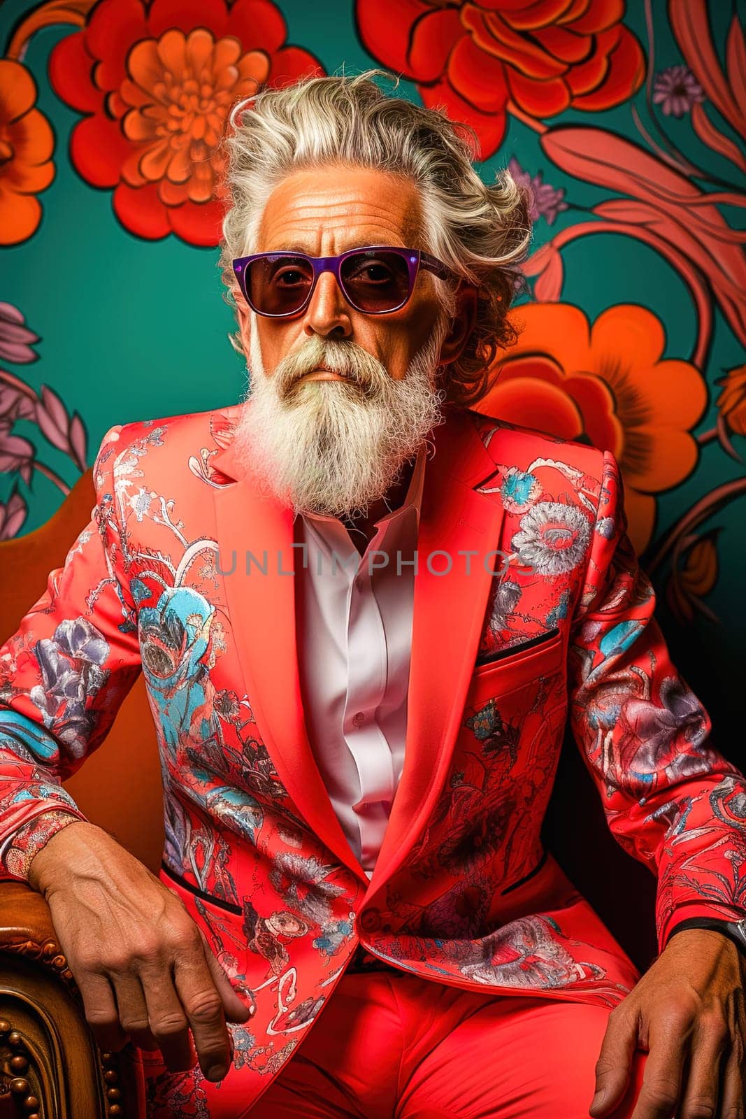 A fashionable man of advanced age with a white beard in an orange suit. High quality photo