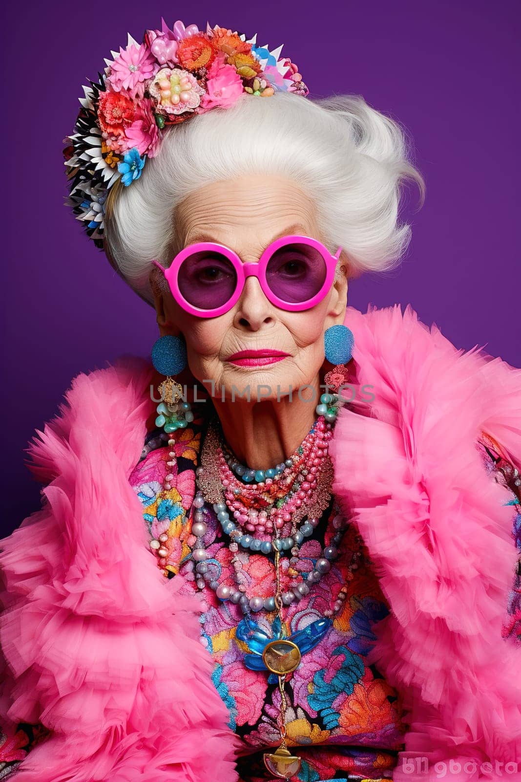 Glamorous, fashionable grandmother in pink clothes. High quality photo