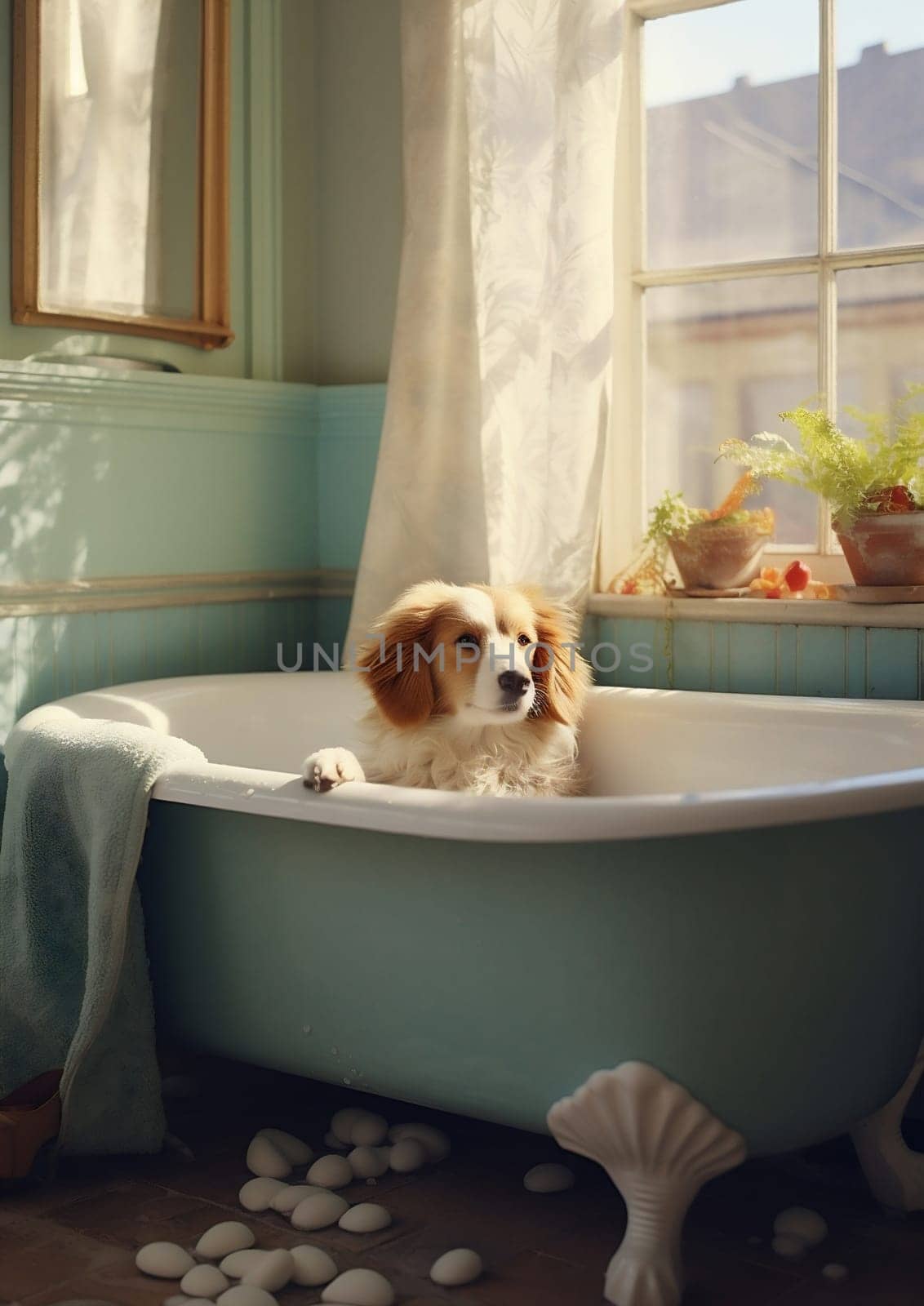 Dog wet puppy animal pet clean bathtub tub bathroom bathing cute by Vichizh