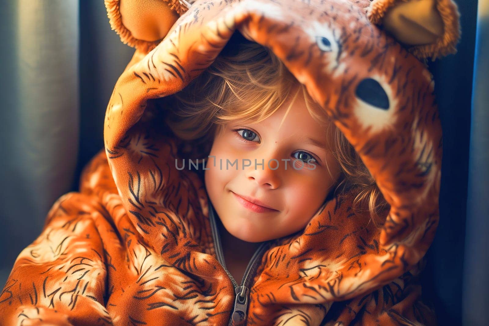 A child in a soft onesie in the form of animals. Pajama suits. High quality photo