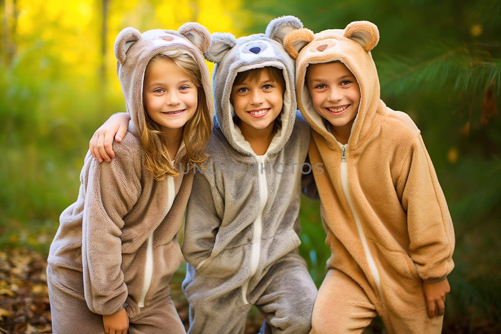 Children in soft animal-shaped onesies. Pajama suits. High quality photo