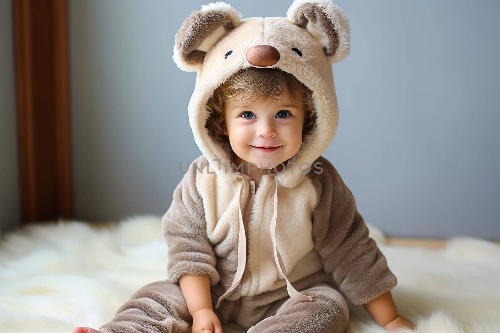 A child in a soft onesie in the form of animals. Pajama suits. High quality photo