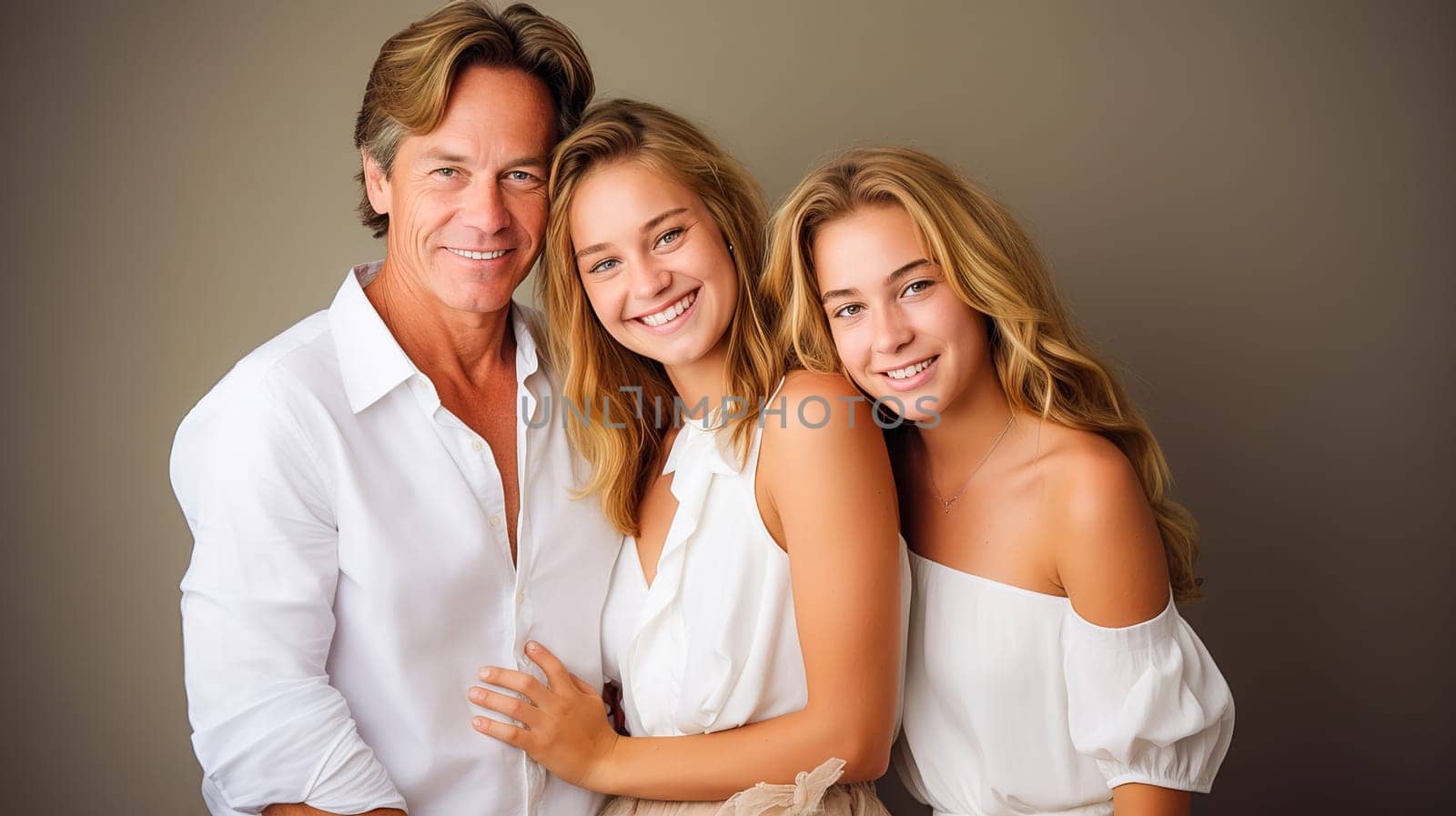 A happy father with his daughters in white clothes is photographed in the studio. High quality photo