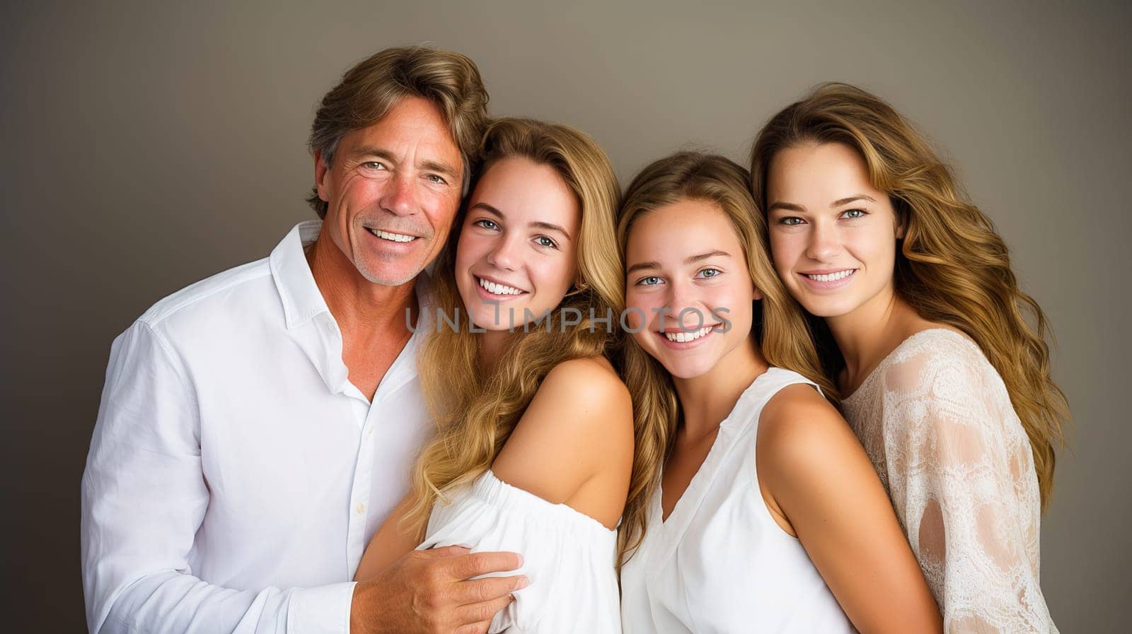 A happy father with his daughters in white clothes is photographed in the studio. High quality photo