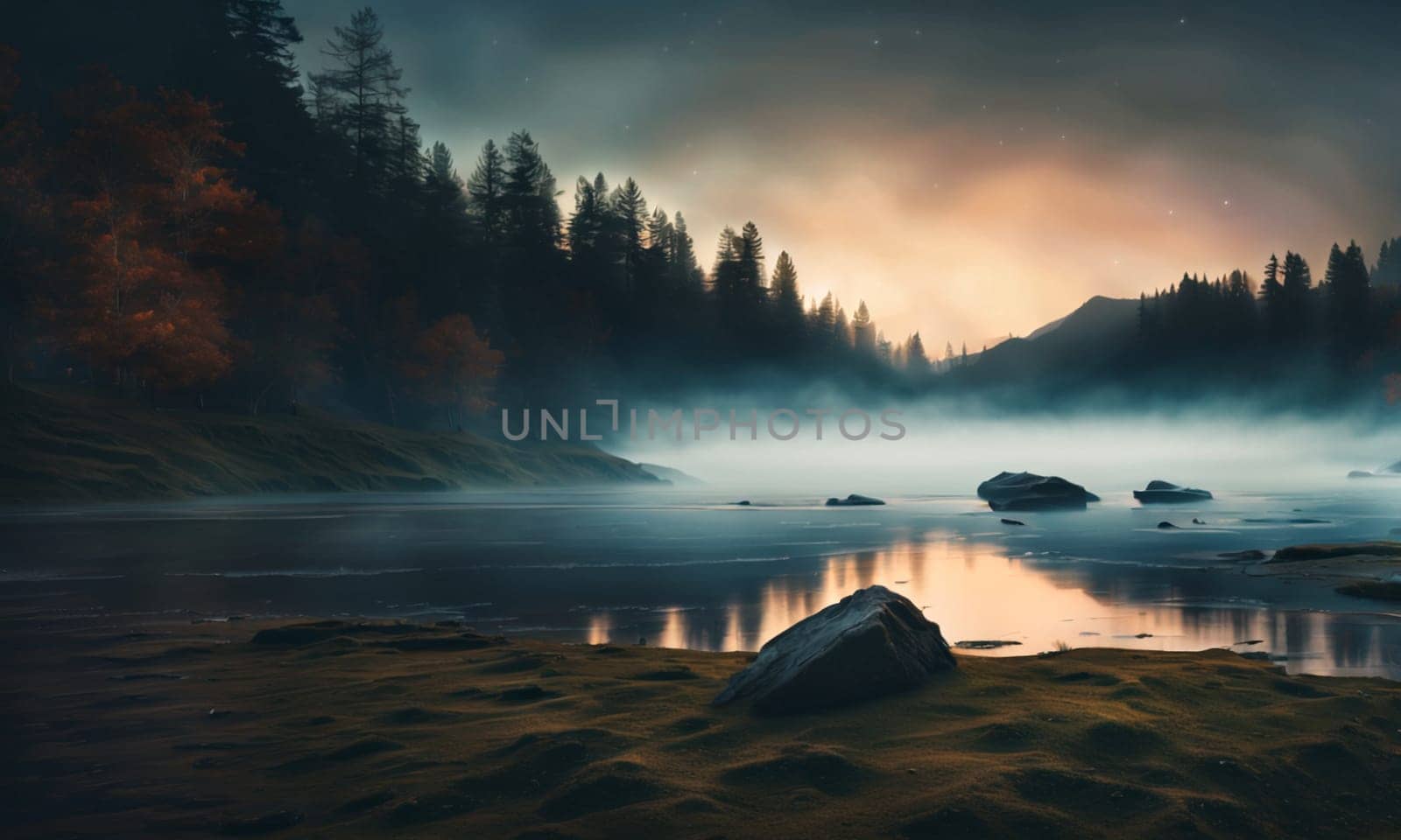 Beautiful morning lake. High quality illustration