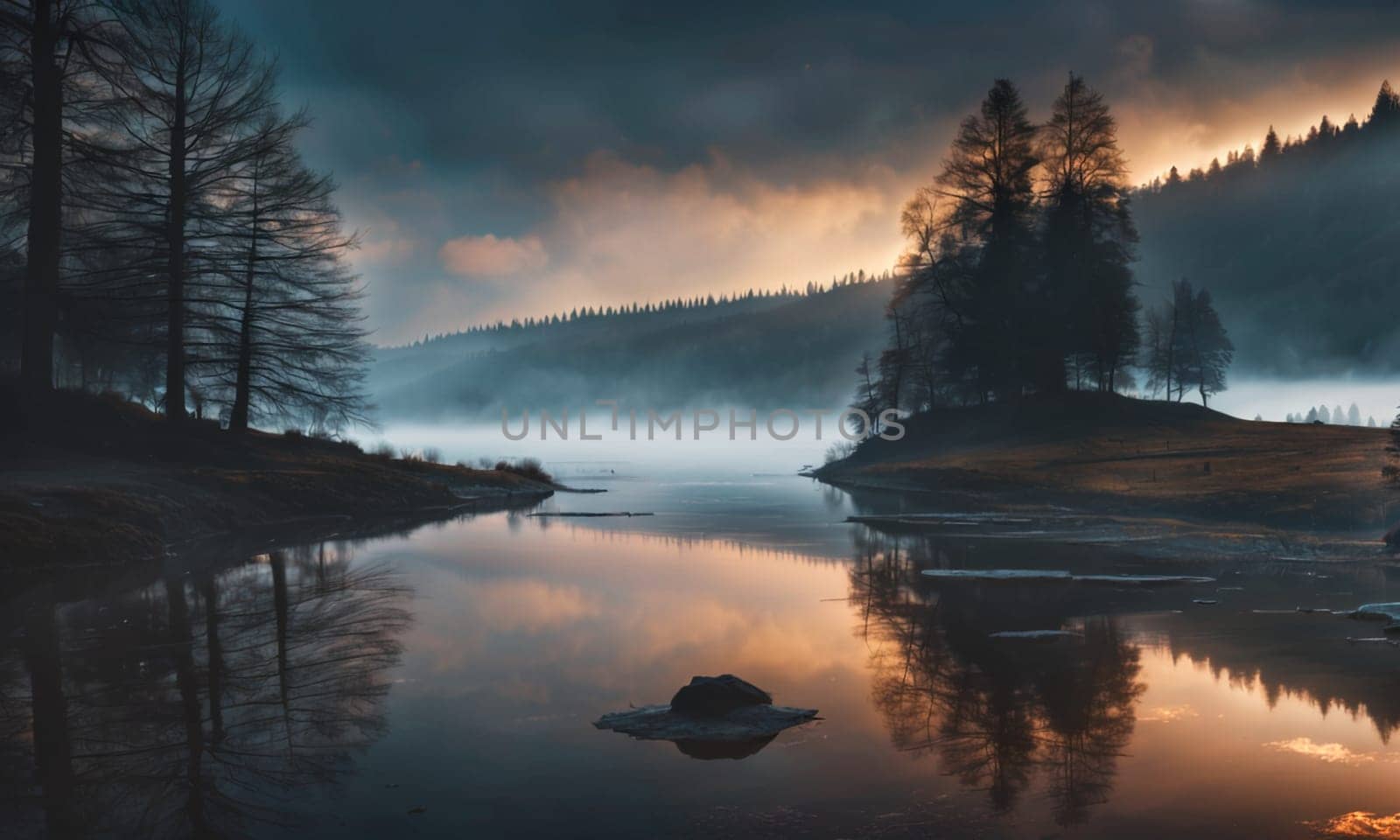 Beautiful morning lake. High quality illustration