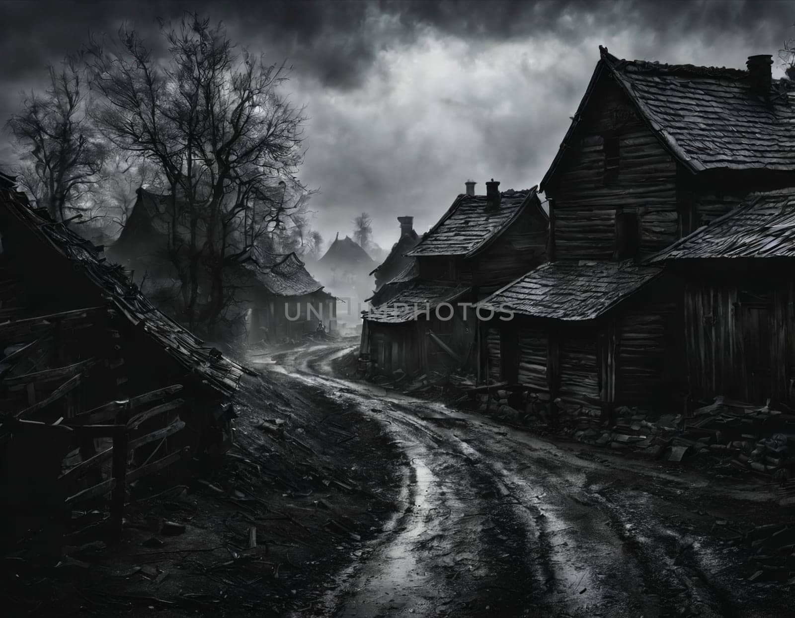 Gloomy Village. High quality illustration