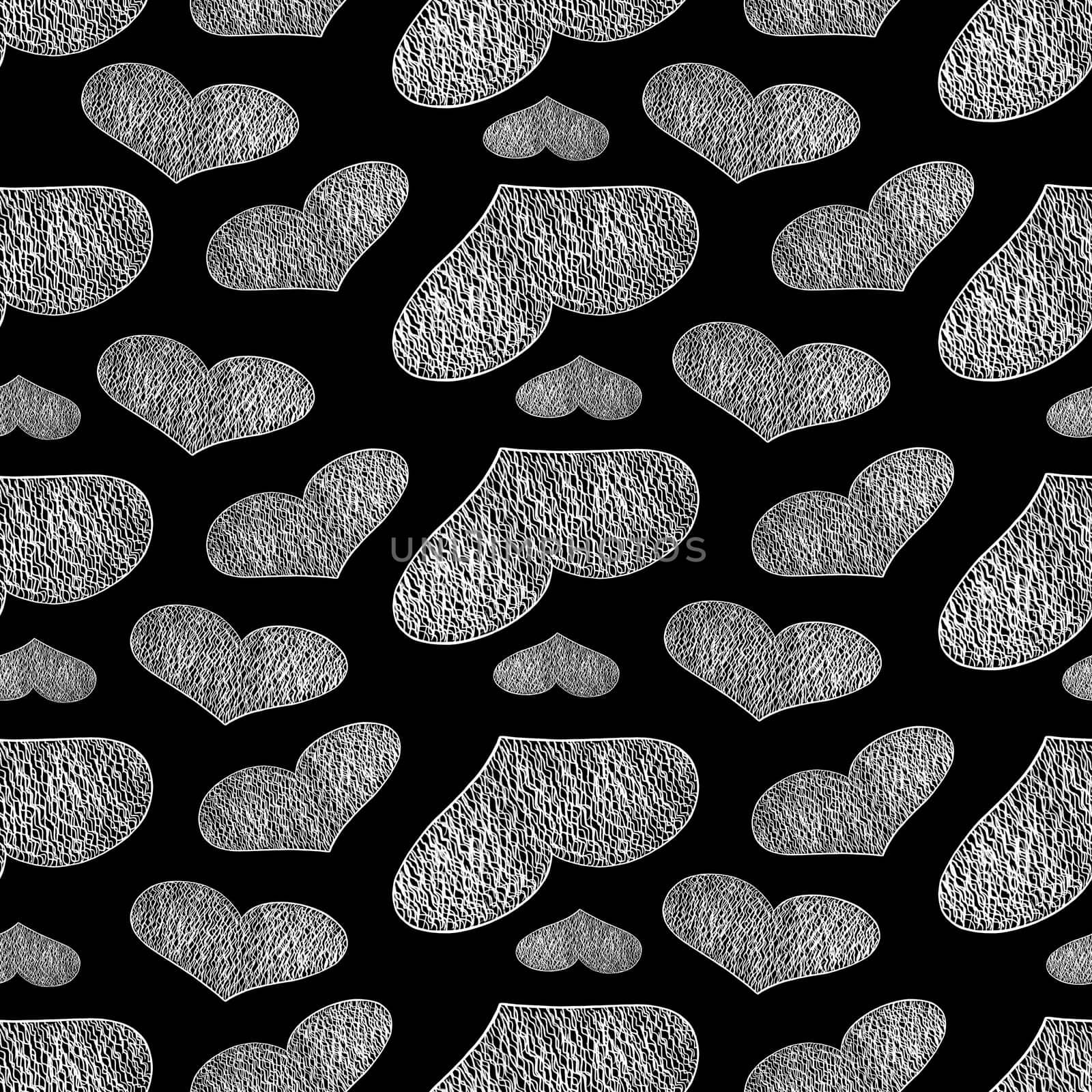 Seamless Pattern with Hearts. Hand Drawn Valentines Background. White Hearts on Black Background. Digital Paper Drawn by Colored Pencils.