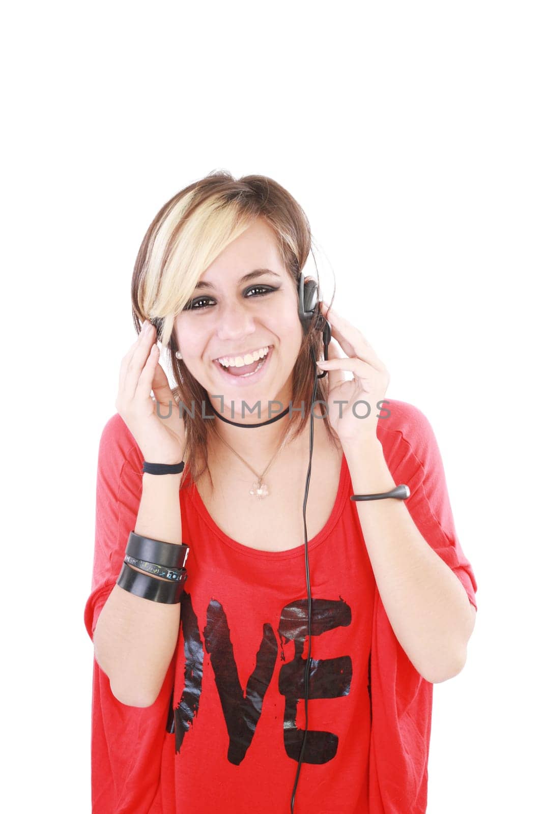 Close-up of a steam punk girl listening the music