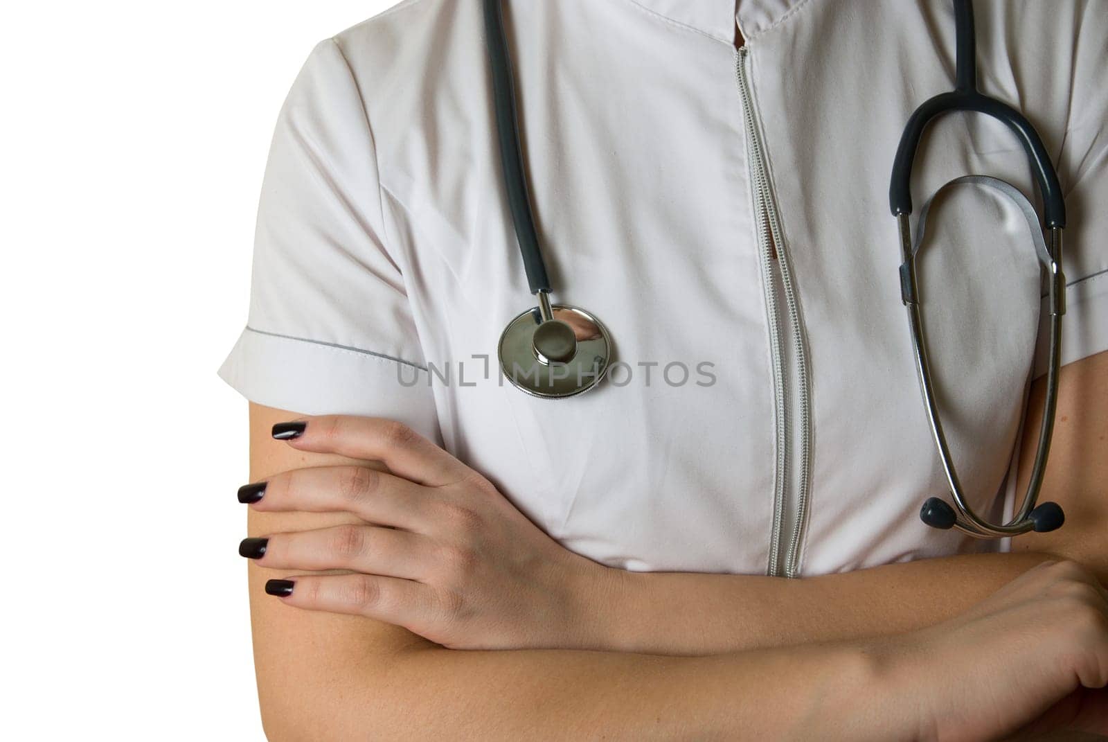 Closeup of white nurse uniform and stethoscope isolated on white