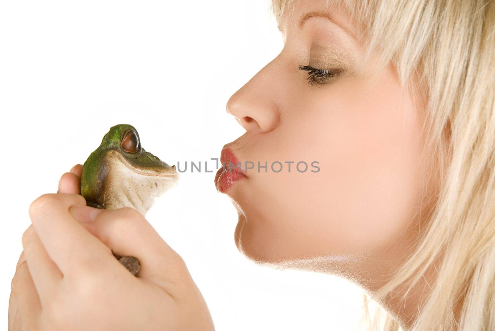 Frog prince being kissed by a beautiful blond girl isolated on white