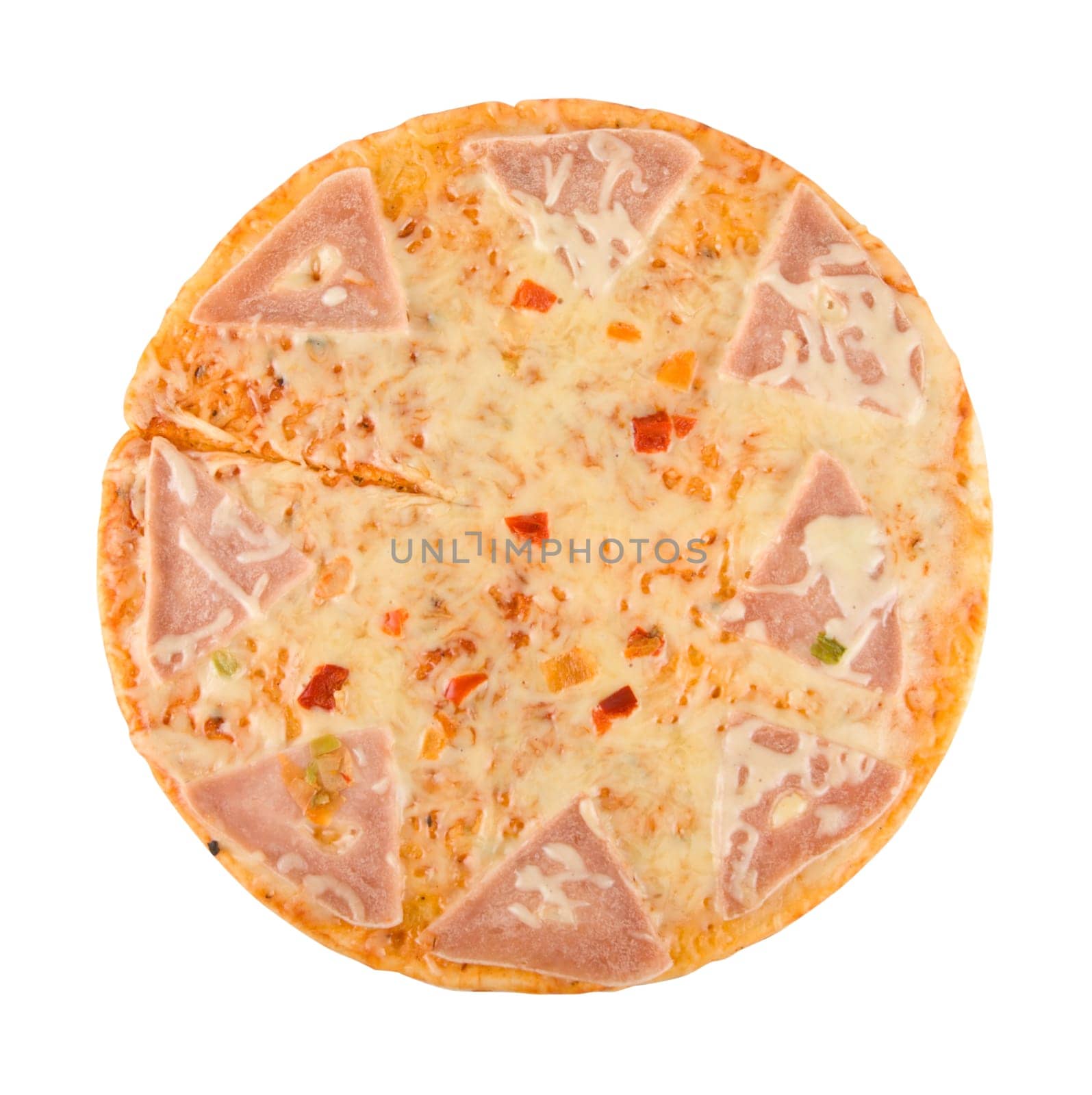 pizza with ham, cheese, pepper isolated on white.
