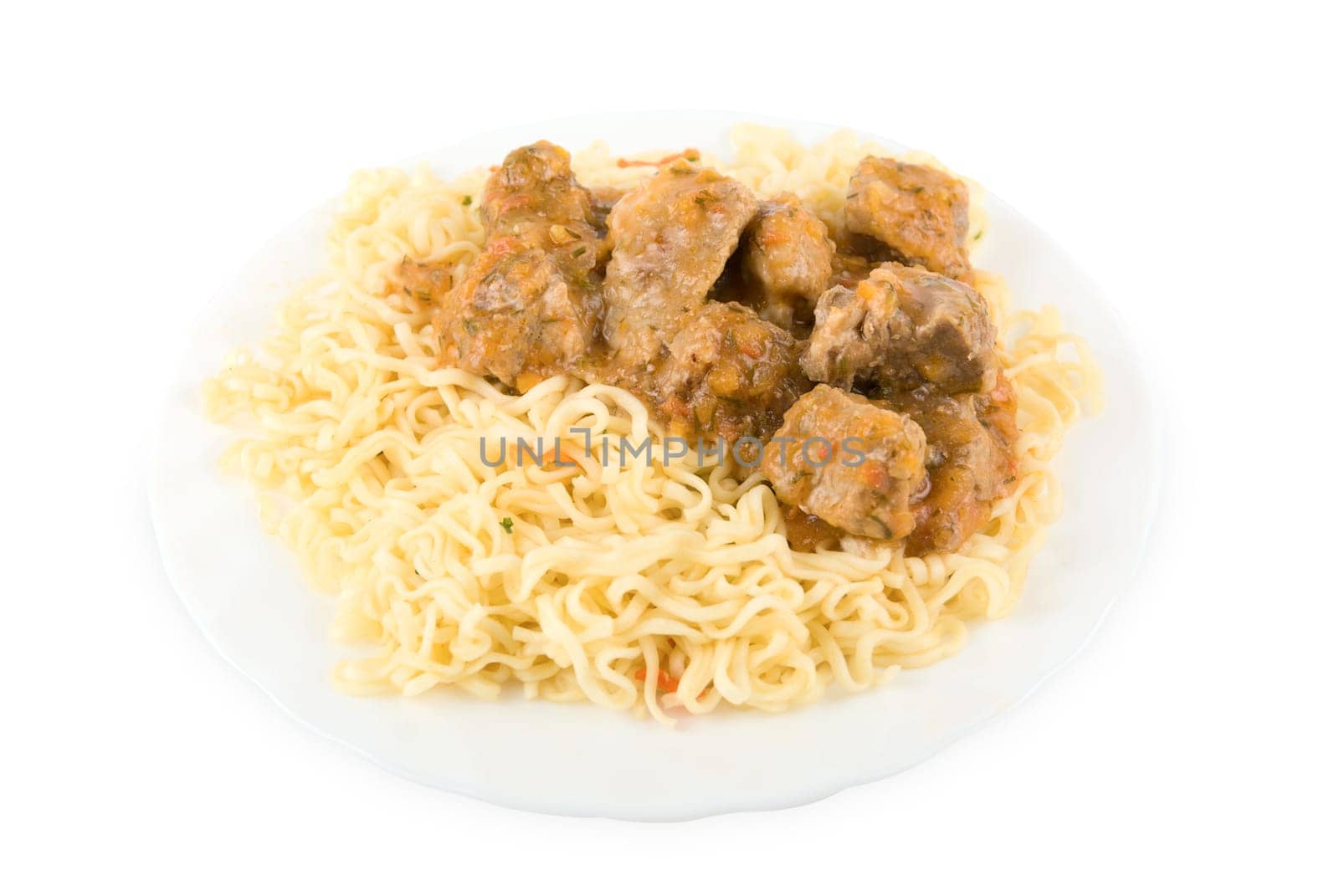 spaghetti and meat isolated on white background
