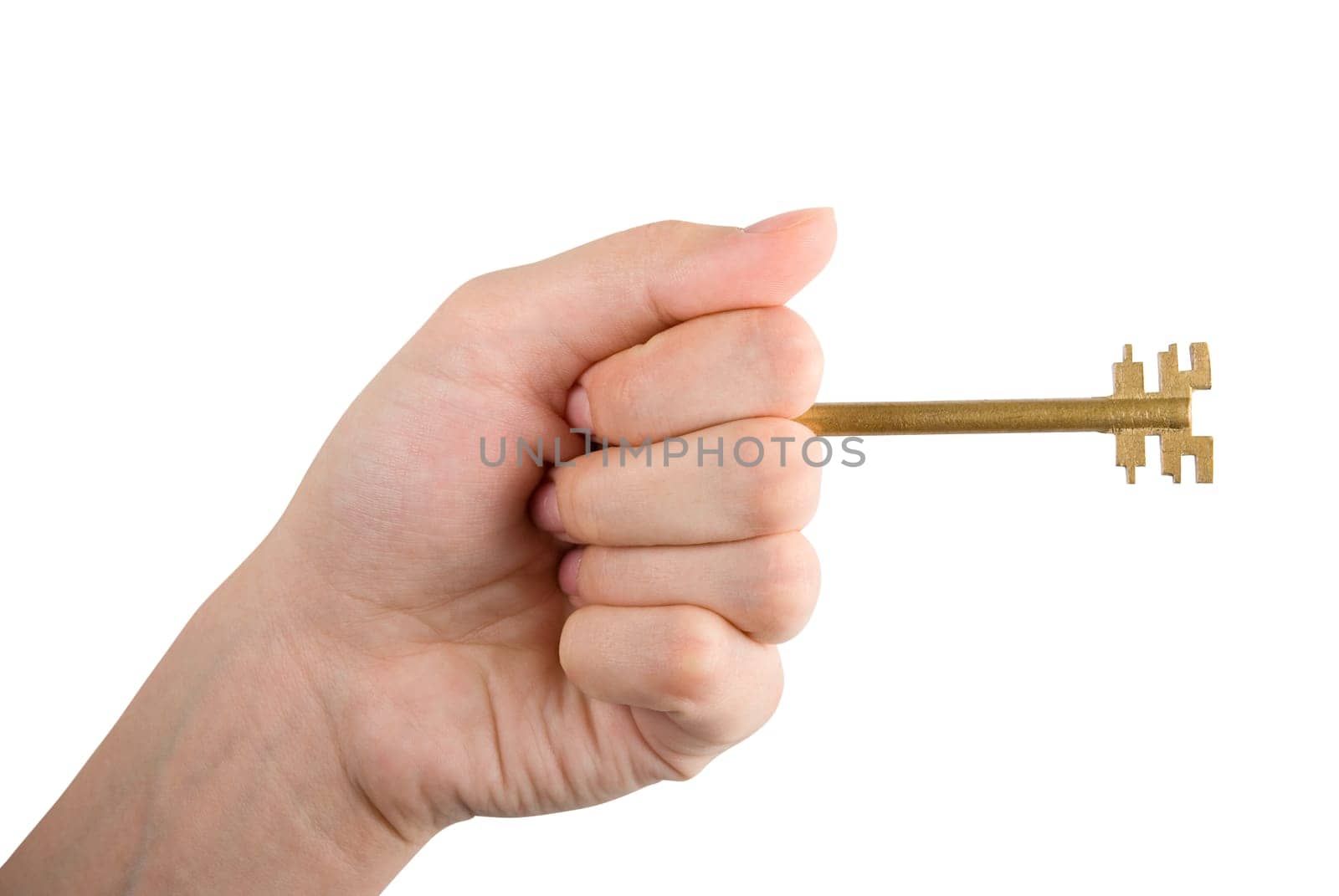 Fingers holding Golden key isolated on white background