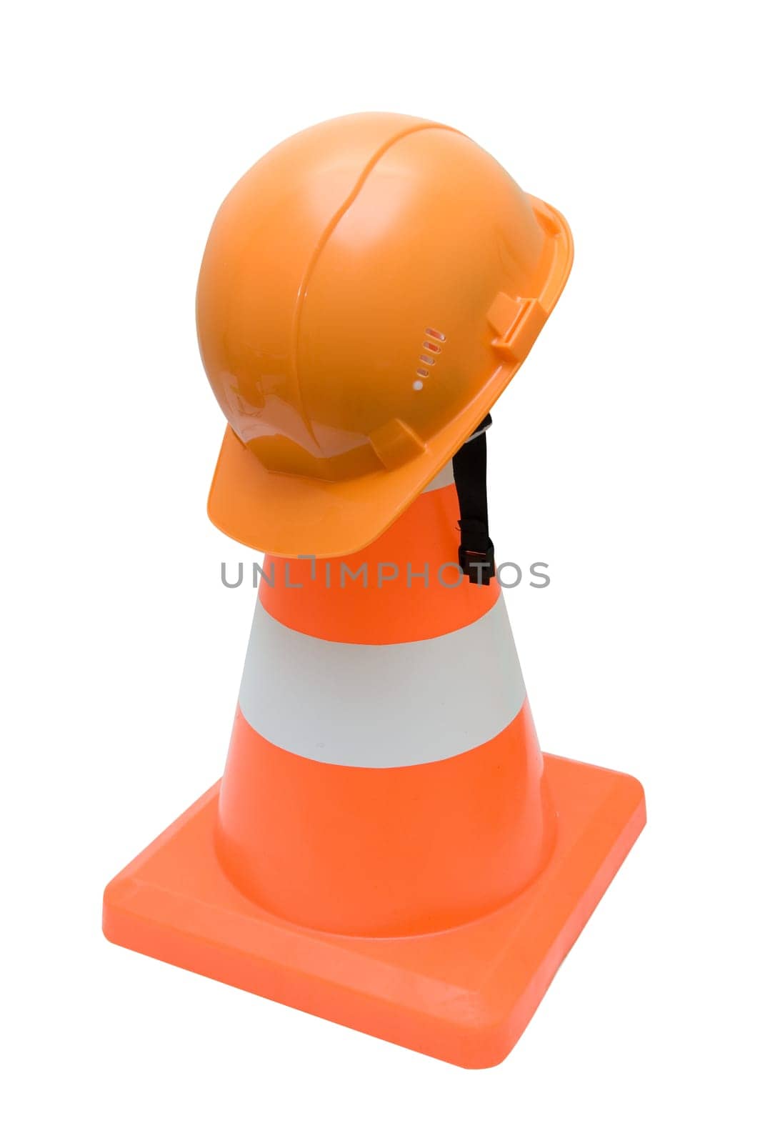 Road warning cone and orange helmet isolated on a white background