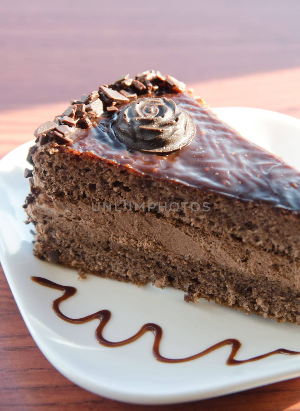 piece of chocolate cake at white plate