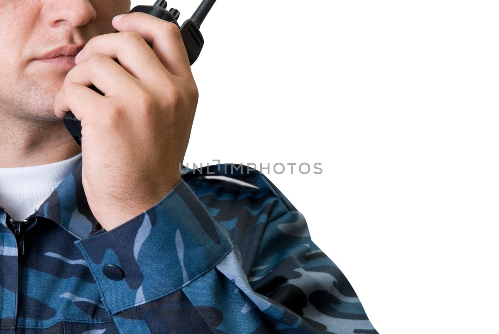 transmitter at guard hands closeup isolated on white